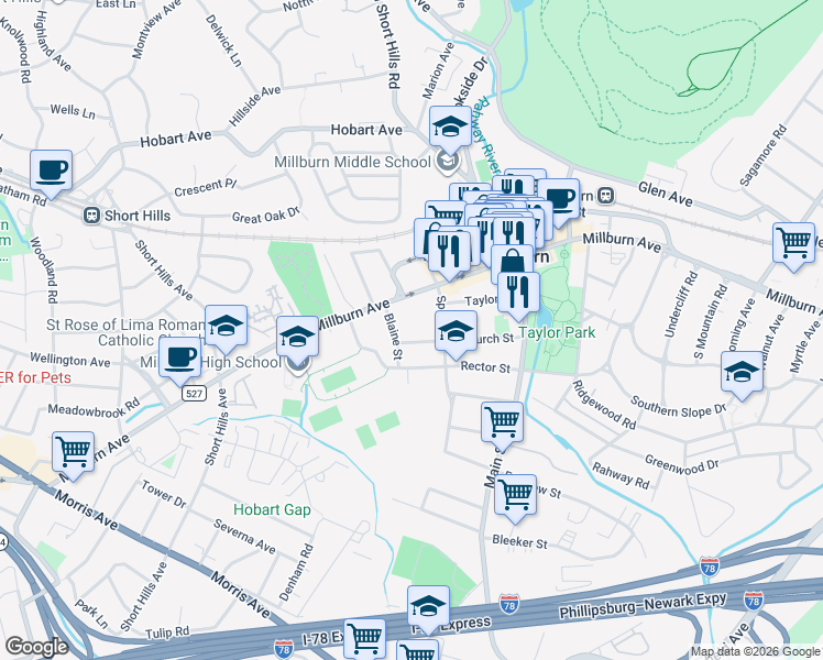 map of restaurants, bars, coffee shops, grocery stores, and more near 63 Church Street in Millburn