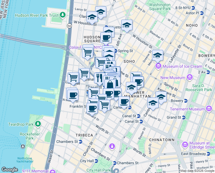 map of restaurants, bars, coffee shops, grocery stores, and more near 27-31 Grand Street in New York