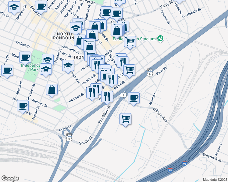 map of restaurants, bars, coffee shops, grocery stores, and more near 195 Wilson Avenue in Newark