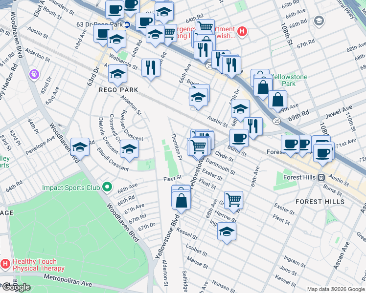 map of restaurants, bars, coffee shops, grocery stores, and more near 95-12 67th Avenue in Queens