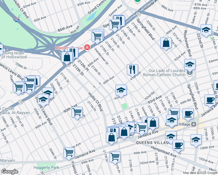 map of restaurants, bars, coffee shops, grocery stores, and more near 90-24 213th Street in Queens