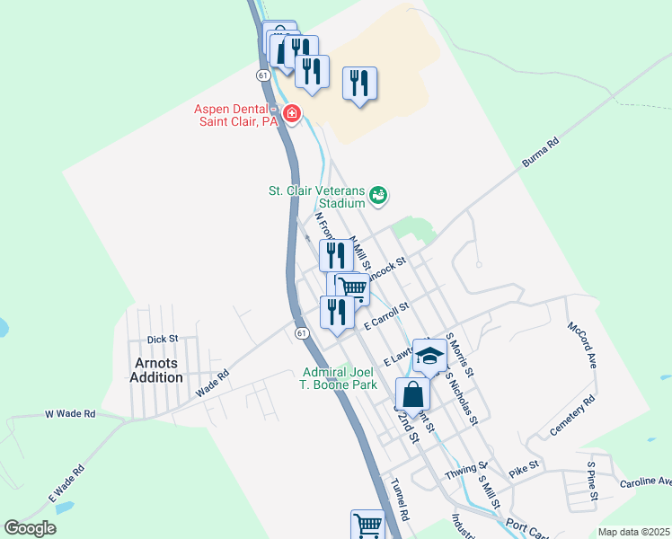 map of restaurants, bars, coffee shops, grocery stores, and more near 135 North 2nd Street in Saint Clair