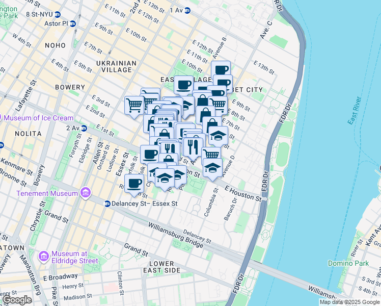 map of restaurants, bars, coffee shops, grocery stores, and more near 242 East 3rd Street in New York