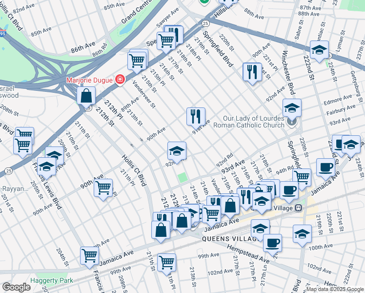 map of restaurants, bars, coffee shops, grocery stores, and more near 91-01 Vanderveer Street in Queens
