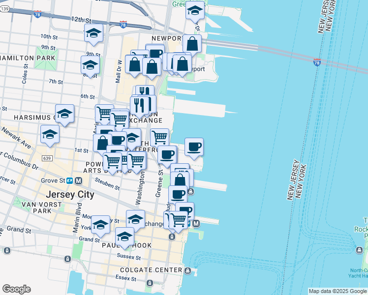 map of restaurants, bars, coffee shops, grocery stores, and more near 20 2nd Street in Jersey City
