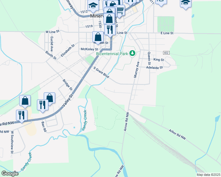 map of restaurants, bars, coffee shops, grocery stores, and more near 108 Scranton Avenue in Minerva