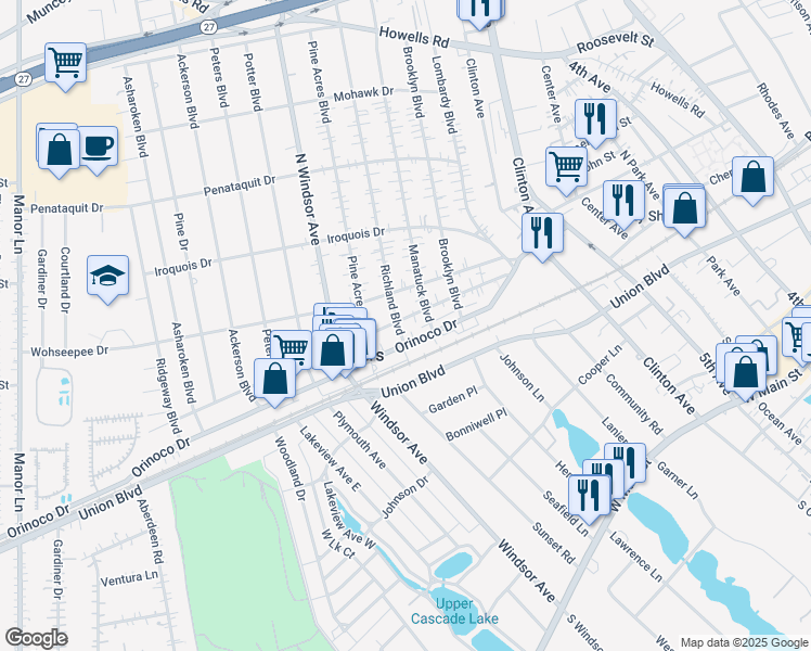 map of restaurants, bars, coffee shops, grocery stores, and more near 51 Hiawatha Drive in Brightwaters