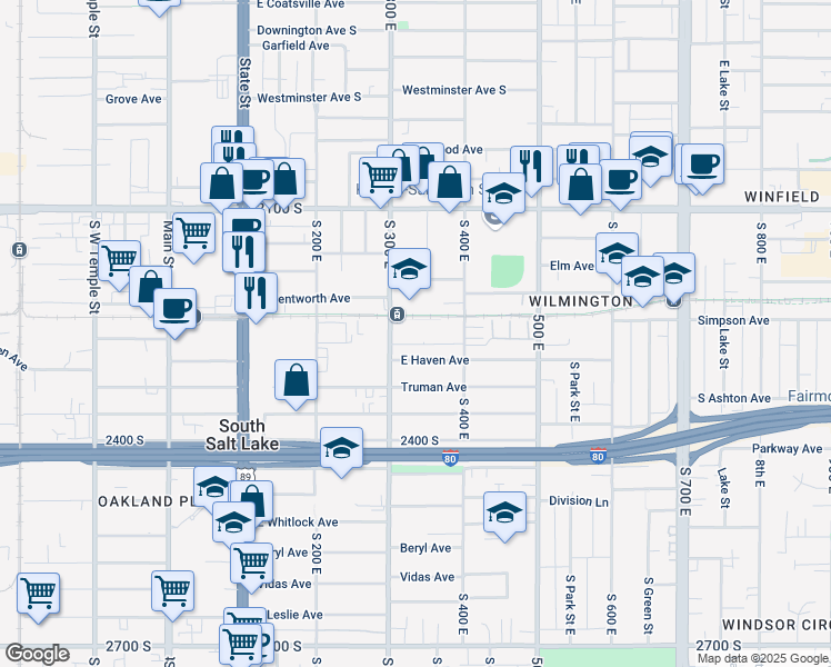 map of restaurants, bars, coffee shops, grocery stores, and more near 2255 South 300 East in South Salt Lake
