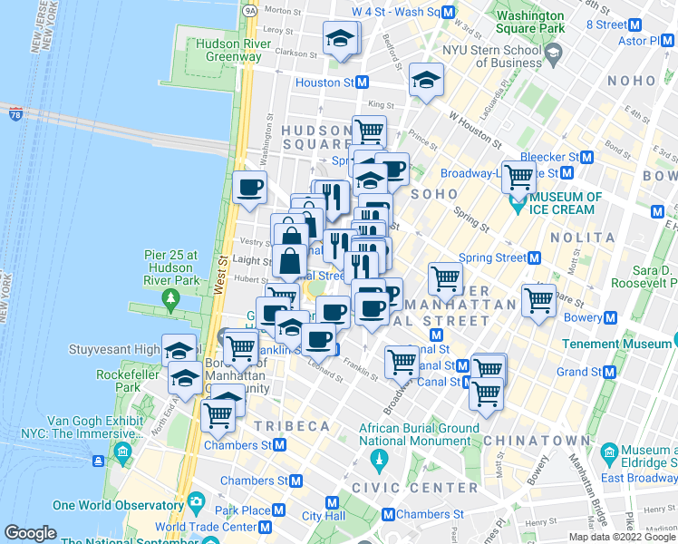 map of restaurants, bars, coffee shops, grocery stores, and more near Varick St & Laight St in New York