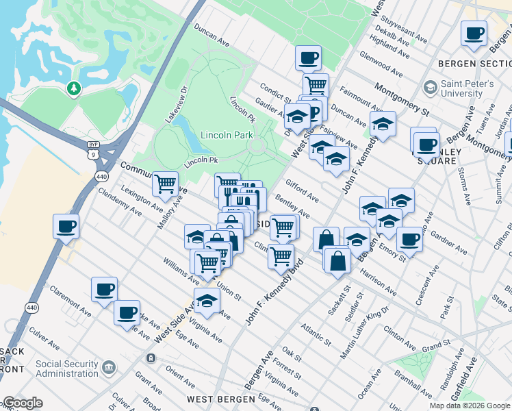 map of restaurants, bars, coffee shops, grocery stores, and more near in Jersey City