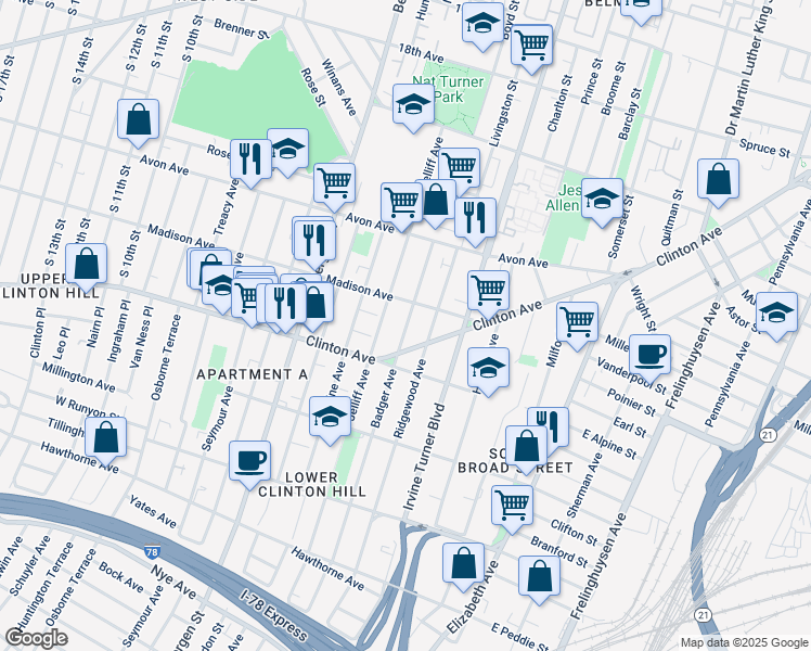 map of restaurants, bars, coffee shops, grocery stores, and more near 153 Badger Avenue in Newark