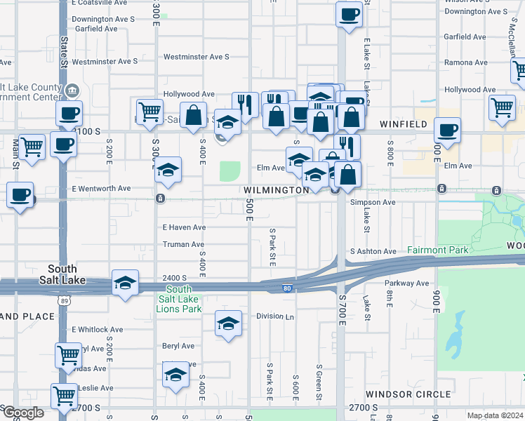 map of restaurants, bars, coffee shops, grocery stores, and more near 2233 South 500 East in South Salt Lake