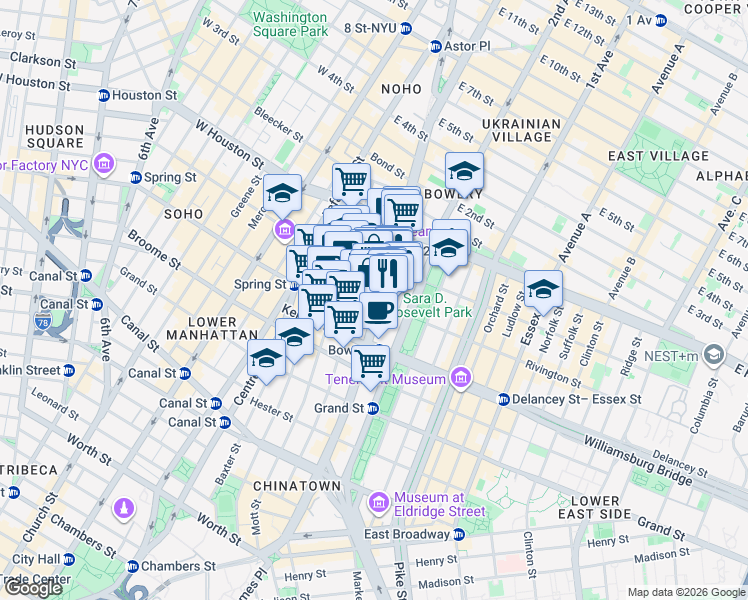 map of restaurants, bars, coffee shops, grocery stores, and more near 220 Bowery in New York