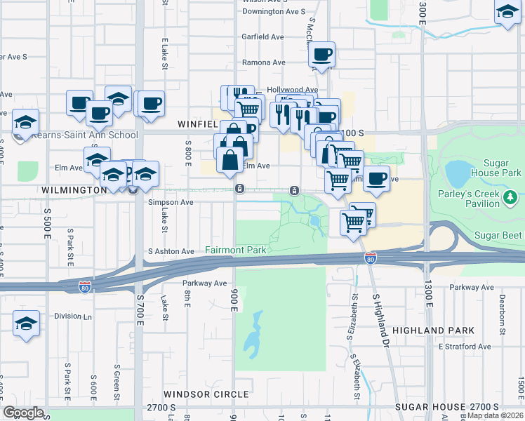 map of restaurants, bars, coffee shops, grocery stores, and more near Simpson Avenue South in Salt Lake City