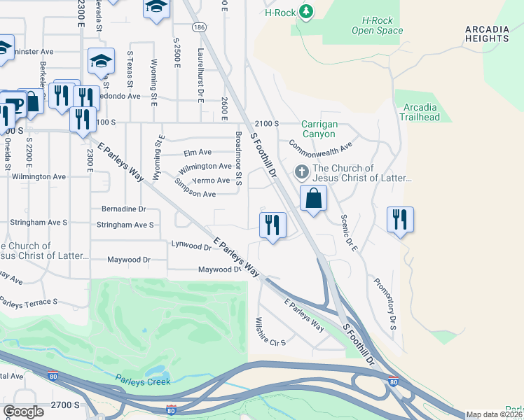 map of restaurants, bars, coffee shops, grocery stores, and more near 2165 Foothill Drive in Salt Lake City