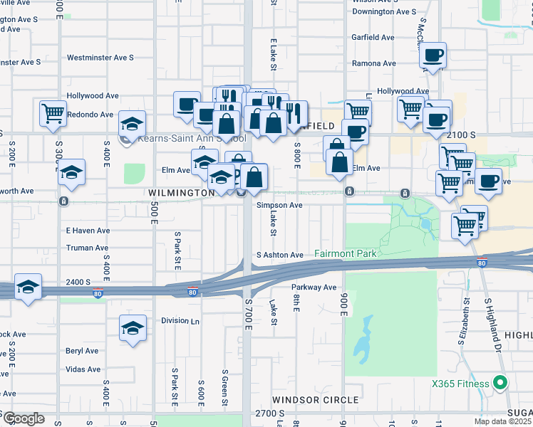 map of restaurants, bars, coffee shops, grocery stores, and more near 2248 Lake Street in Salt Lake City
