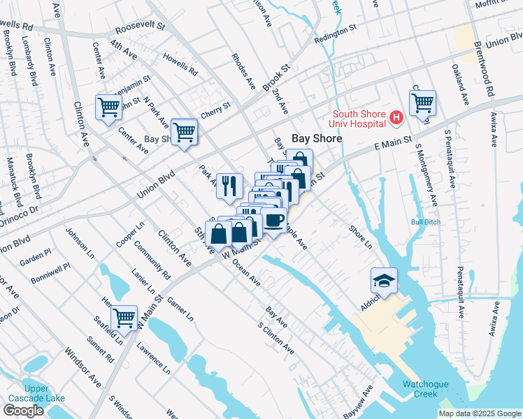 map of restaurants, bars, coffee shops, grocery stores, and more near 21 Mechanicville Road in Bay Shore