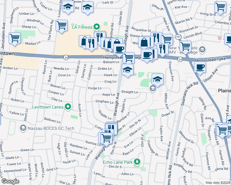 map of restaurants, bars, coffee shops, grocery stores, and more near 64 Wantagh Avenue in Levittown