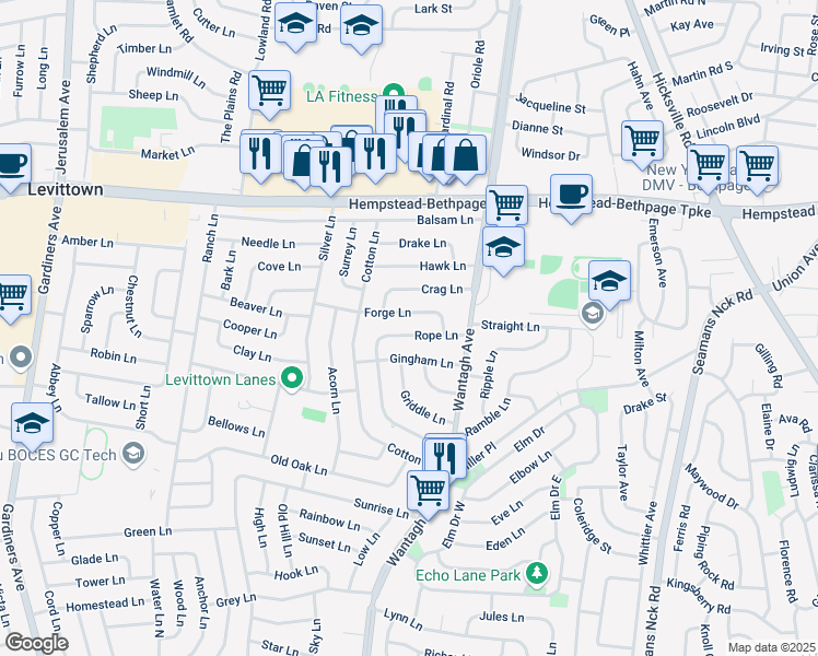map of restaurants, bars, coffee shops, grocery stores, and more near 42 Forge Lane in Levittown