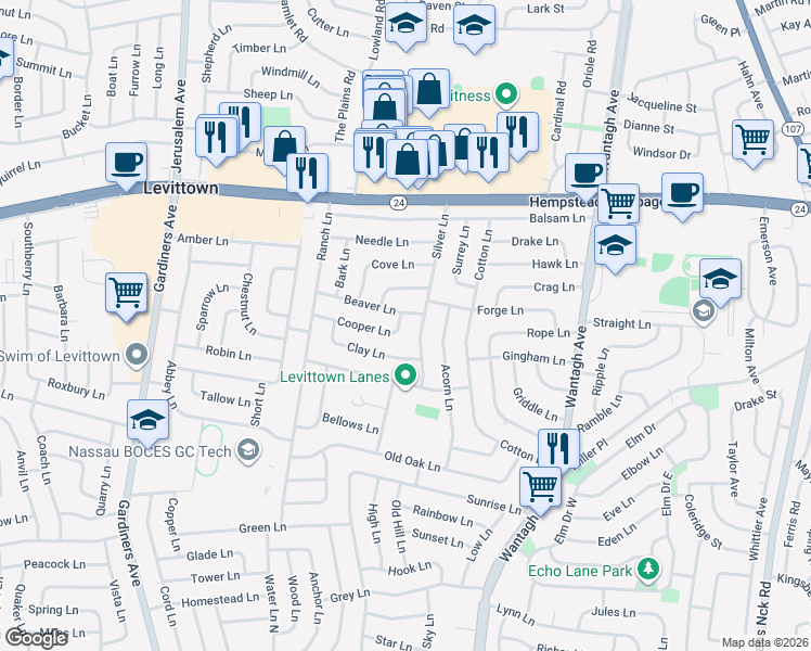 map of restaurants, bars, coffee shops, grocery stores, and more near 40 Beaver Lane in Levittown