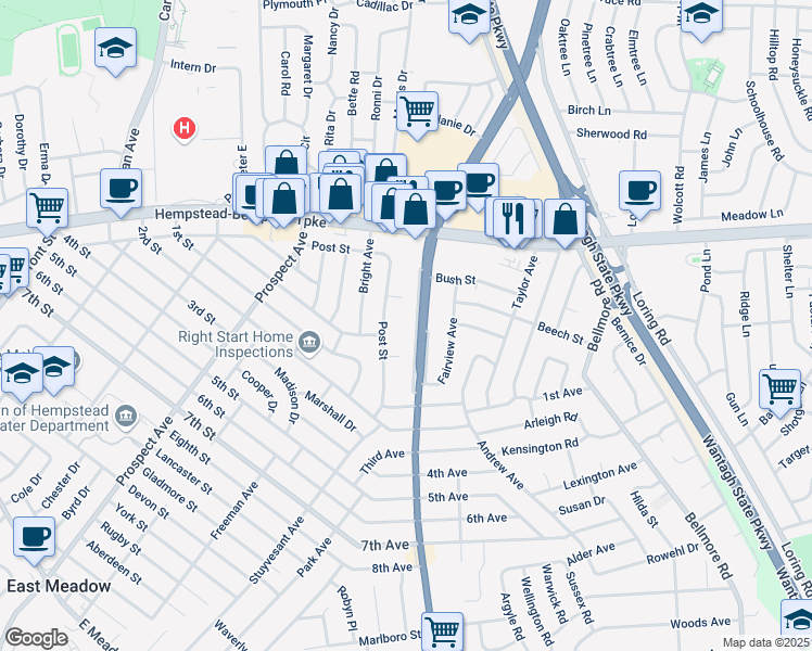 map of restaurants, bars, coffee shops, grocery stores, and more near 88 Newbridge Road in East Meadow