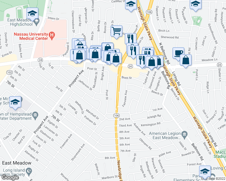 map of restaurants, bars, coffee shops, grocery stores, and more near 88 Newbridge Road in East Meadow