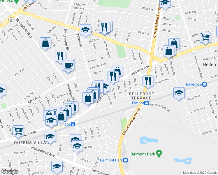 map of restaurants, bars, coffee shops, grocery stores, and more near 224-0 Jamaica Avenue in Queens