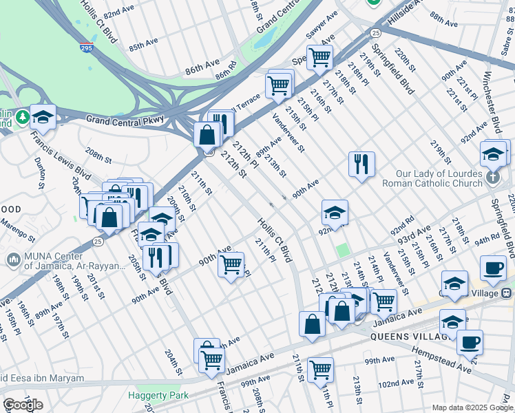 map of restaurants, bars, coffee shops, grocery stores, and more near 89-51 Hollis Court Boulevard in Queens
