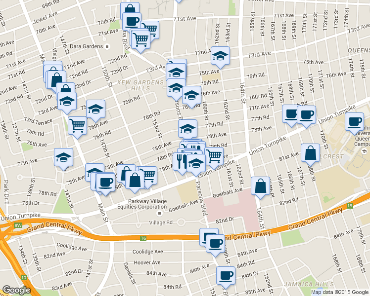 map of restaurants, bars, coffee shops, grocery stores, and more near 153-34 78th Avenue in Queens