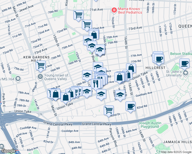 map of restaurants, bars, coffee shops, grocery stores, and more near 153-34 78th Avenue in Queens