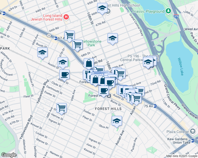 map of restaurants, bars, coffee shops, grocery stores, and more near 107-5 70th Road in Queens