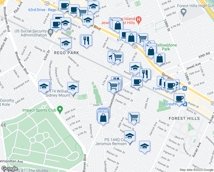 map of restaurants, bars, coffee shops, grocery stores, and more near 95-17 67th Avenue in Queens