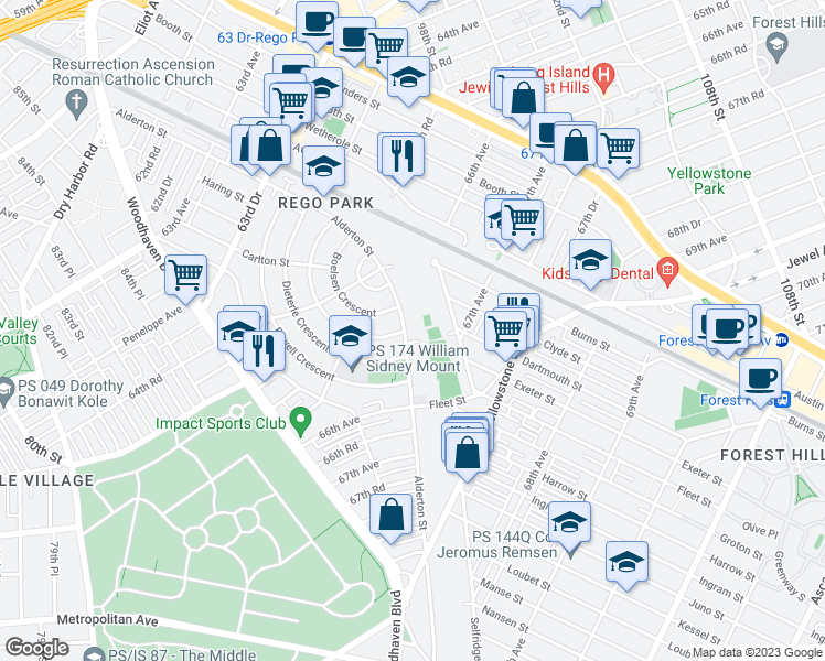 map of restaurants, bars, coffee shops, grocery stores, and more near 6670 Dartmouth Street in Queens