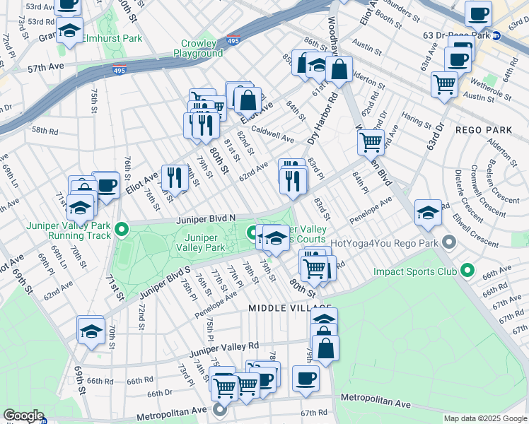 map of restaurants, bars, coffee shops, grocery stores, and more near 62-51 80th Street in Queens