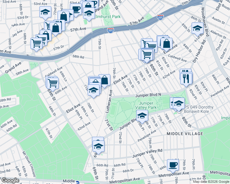 map of restaurants, bars, coffee shops, grocery stores, and more near 61-21 75th Street in Queens