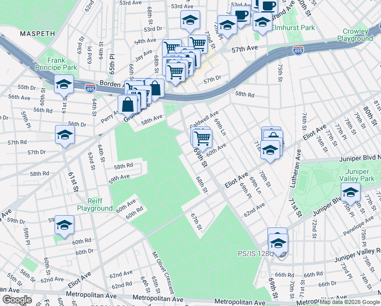 map of restaurants, bars, coffee shops, grocery stores, and more near 69-04 59th Drive in Queens