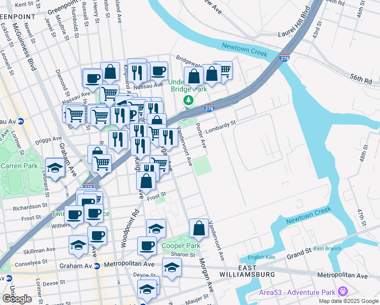 map of restaurants, bars, coffee shops, grocery stores, and more near 108 Beadel Street in Brooklyn