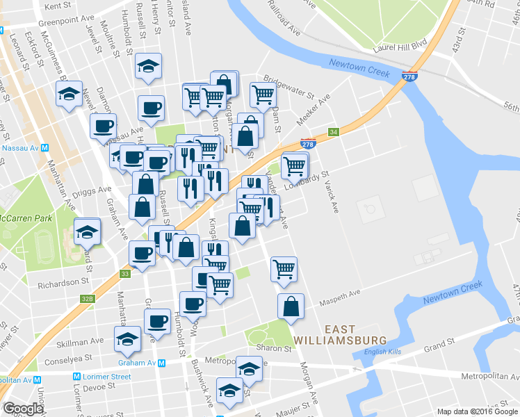 map of restaurants, bars, coffee shops, grocery stores, and more near 75 Beadel Street in Brooklyn