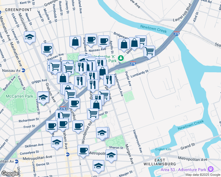 map of restaurants, bars, coffee shops, grocery stores, and more near 75 Beadel Street in Brooklyn