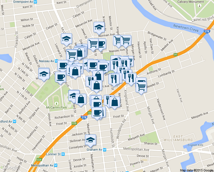 map of restaurants, bars, coffee shops, grocery stores, and more near 161 Engert Avenue in Brooklyn
