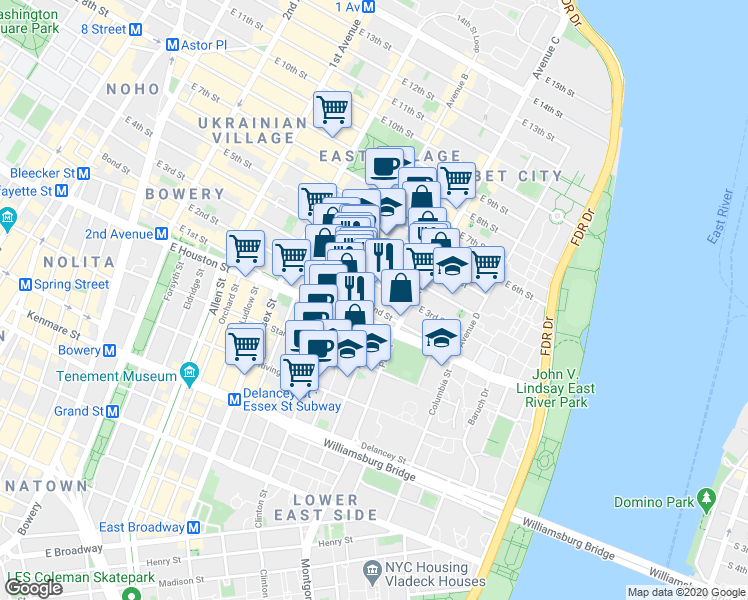 map of restaurants, bars, coffee shops, grocery stores, and more near 242 East 3rd Street in New York
