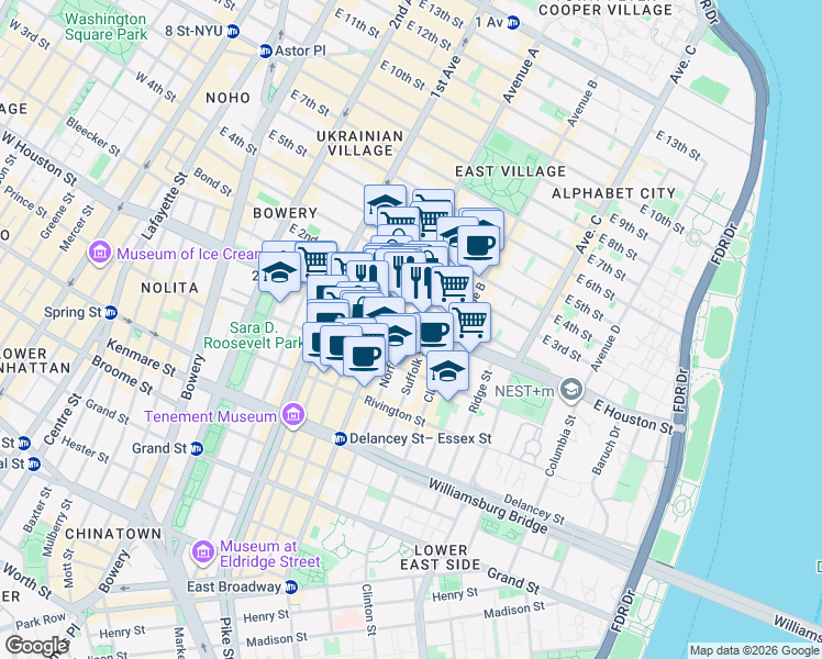 map of restaurants, bars, coffee shops, grocery stores, and more near 231 East Houston Street in New York