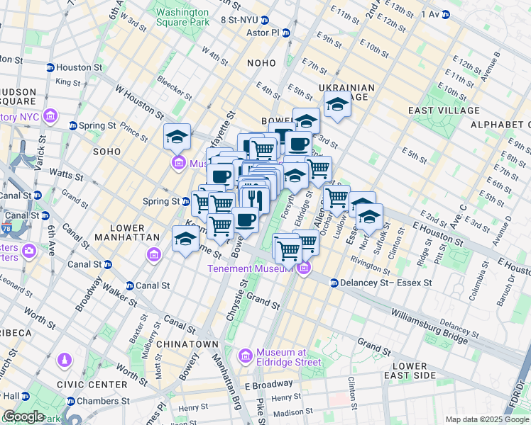map of restaurants, bars, coffee shops, grocery stores, and more near 187 Chrystie Street in New York