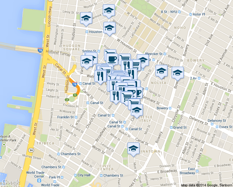 map of restaurants, bars, coffee shops, grocery stores, and more near in New York