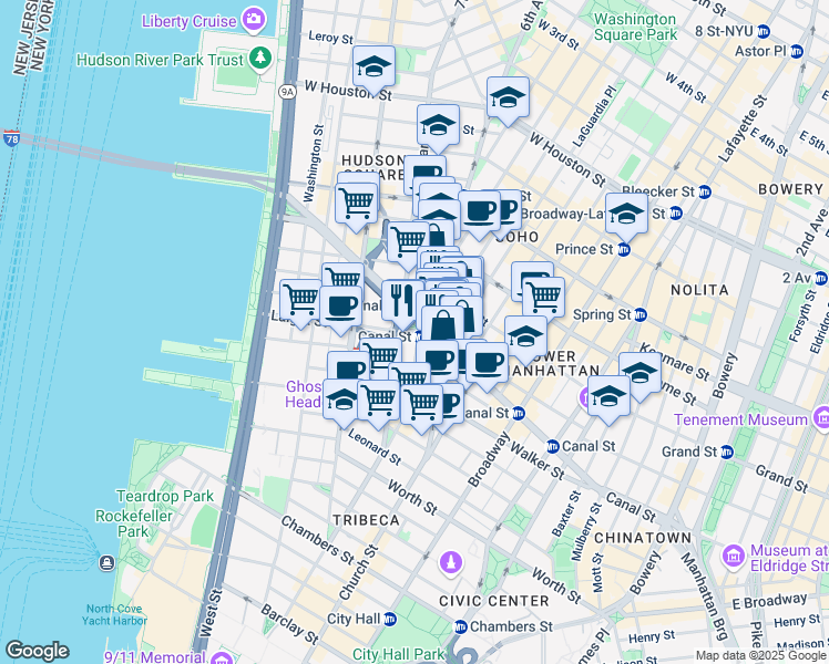 map of restaurants, bars, coffee shops, grocery stores, and more near 27 Grand Street in New York