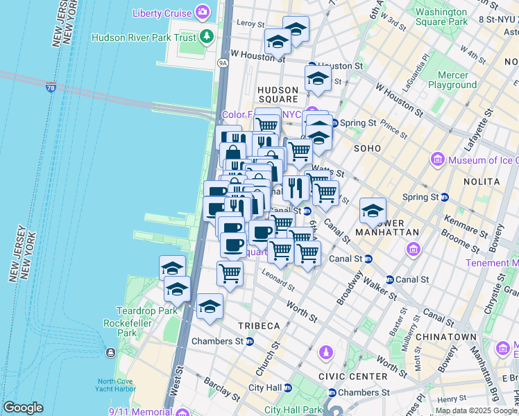 map of restaurants, bars, coffee shops, grocery stores, and more near in New York