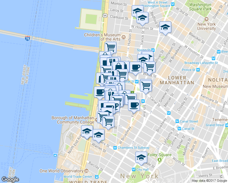 map of restaurants, bars, coffee shops, grocery stores, and more near in New York