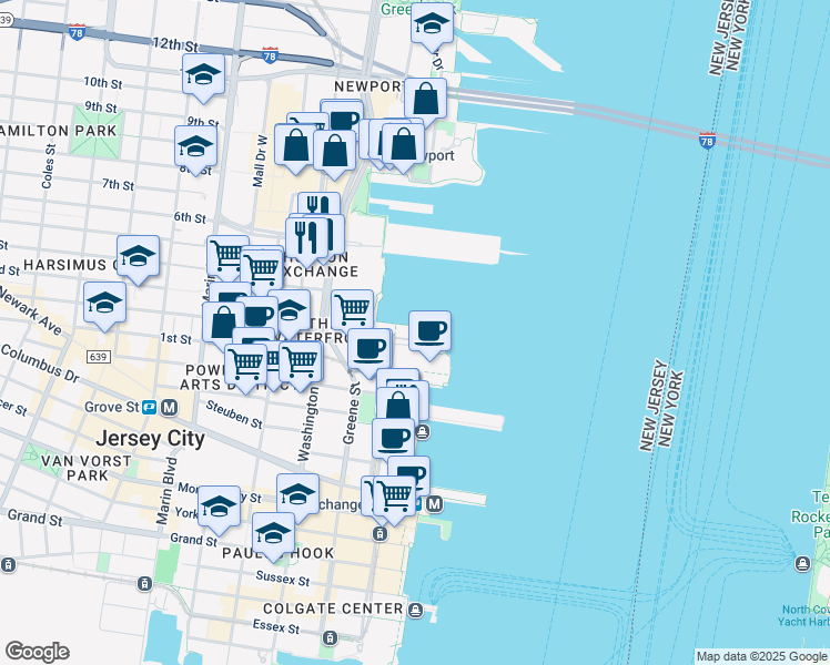 map of restaurants, bars, coffee shops, grocery stores, and more near 20 2nd Street in Jersey City