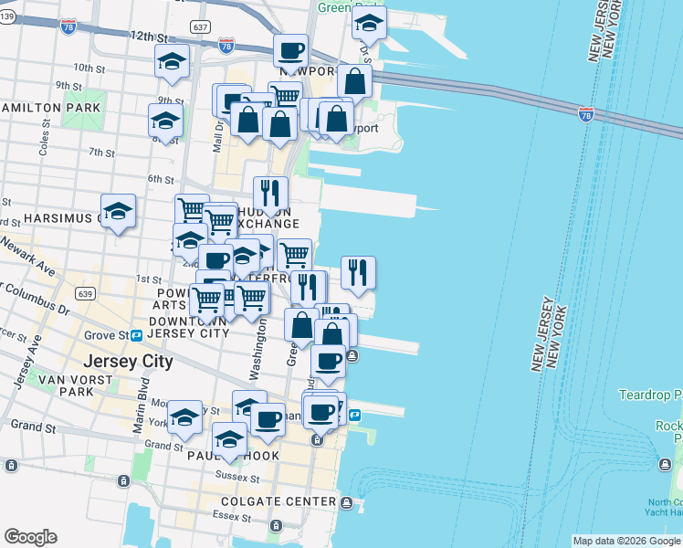 map of restaurants, bars, coffee shops, grocery stores, and more near 20 2nd Street in Jersey City
