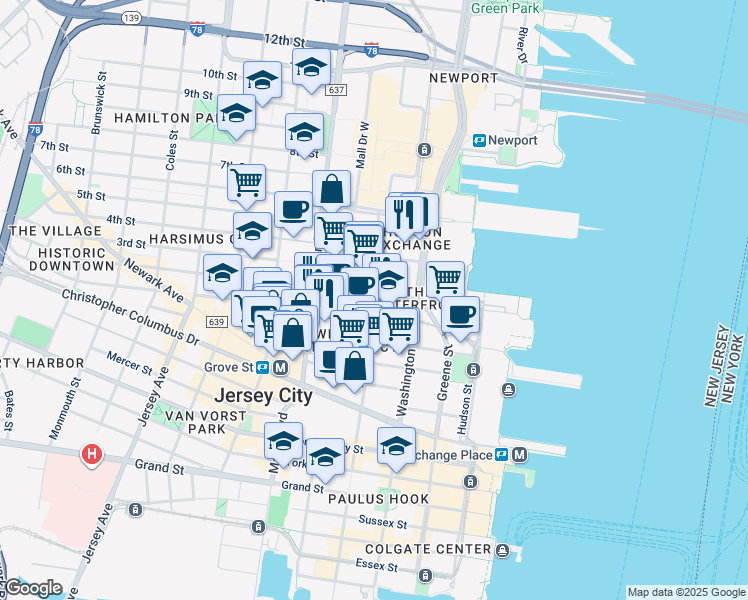 map of restaurants, bars, coffee shops, grocery stores, and more near 133 2nd Street in Jersey City
